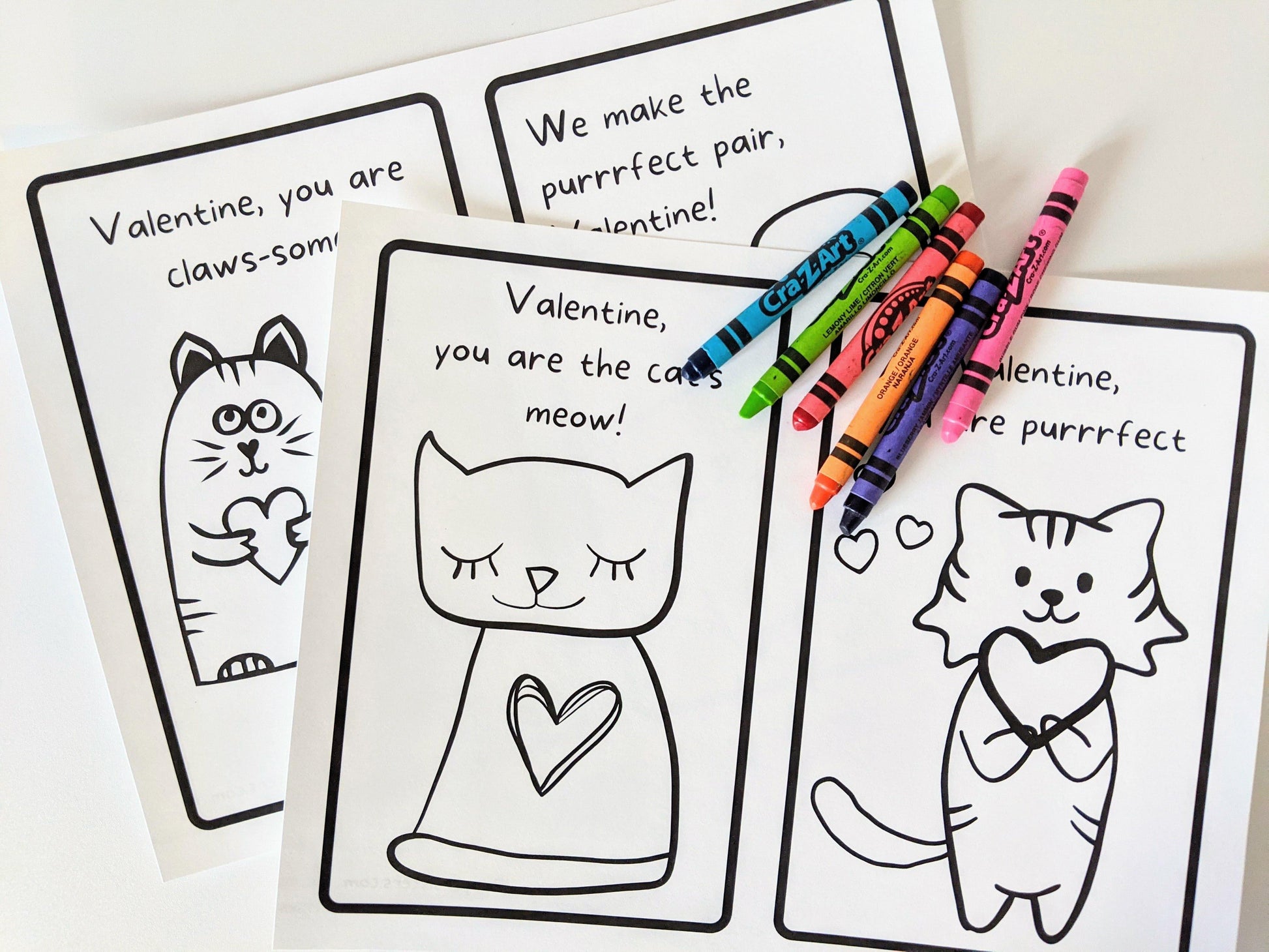 Kid's Coloring Valentine's Day Cards: Cats - Digital Download - 2 Paper Sisters