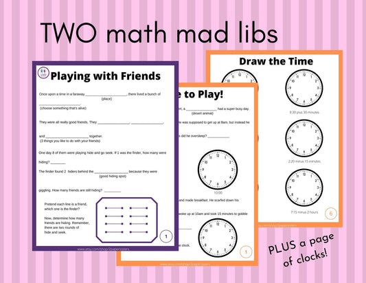 Math Practice: Math Mad Libs (Subtract and Tell Time) - Digital Download - 2 Paper Sisters