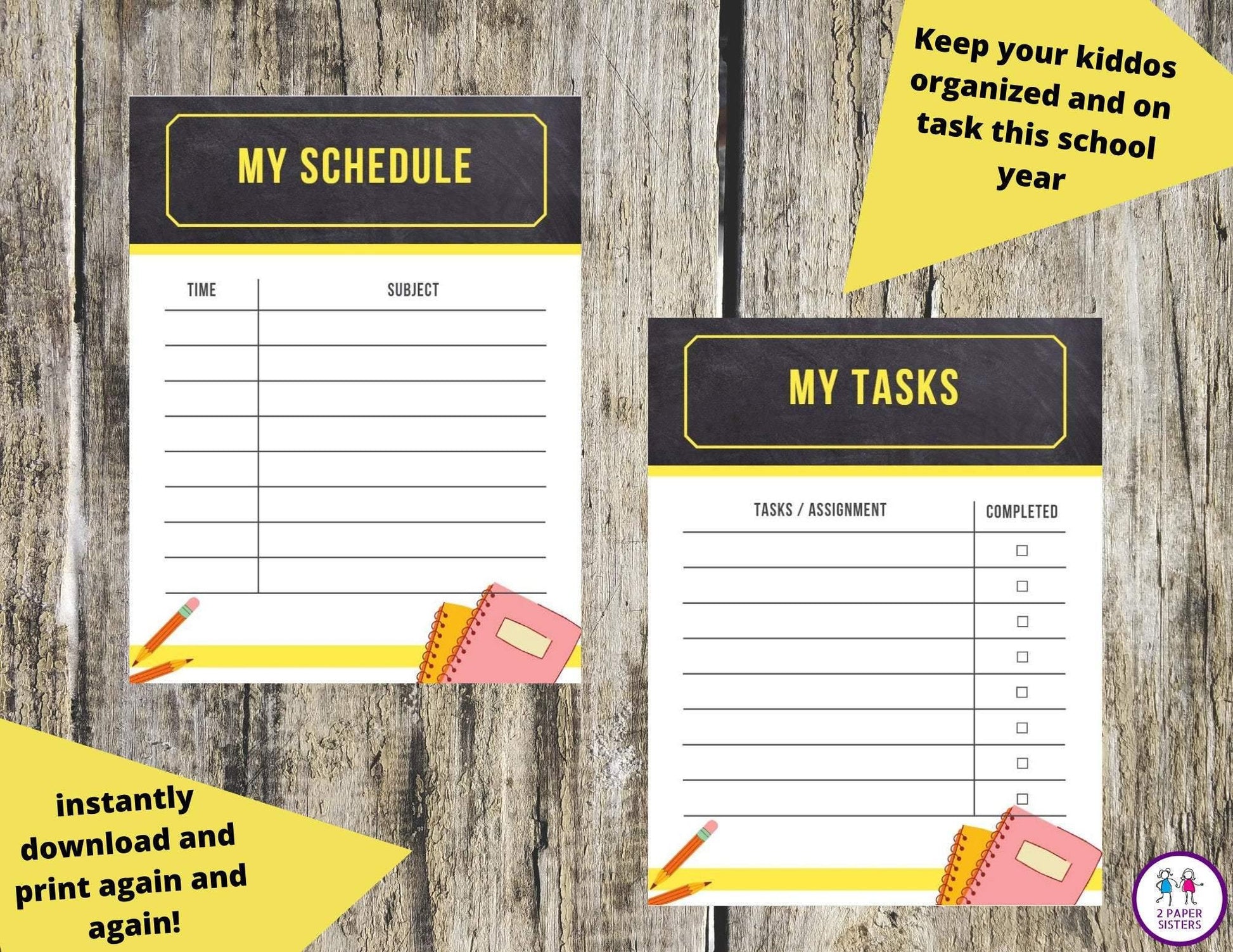 Scheduler for School Tasks - Digital Download - 2 Paper Sisters