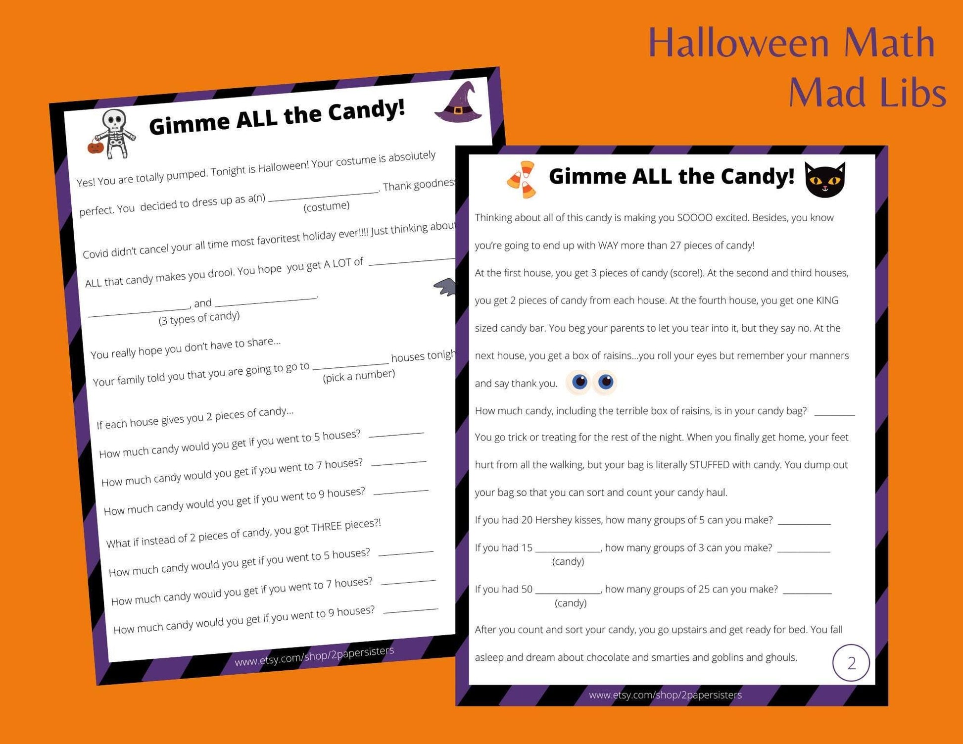 Halloween Story, Math, Mad Libs, Elementary Math, Homeschool Math, Add, Divide, Reading, Kid Story, SAHM, INSTANT DOWNLOAD - 2 Paper Sisters