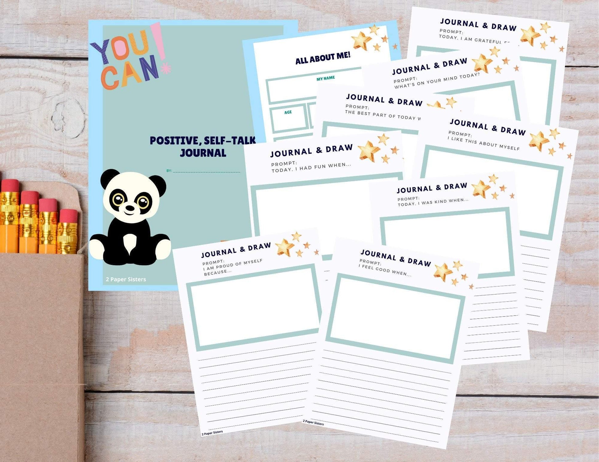 Panda Positive Affirmation Journal, Ages 6-8 - Digital Download - 2 Paper Sisters