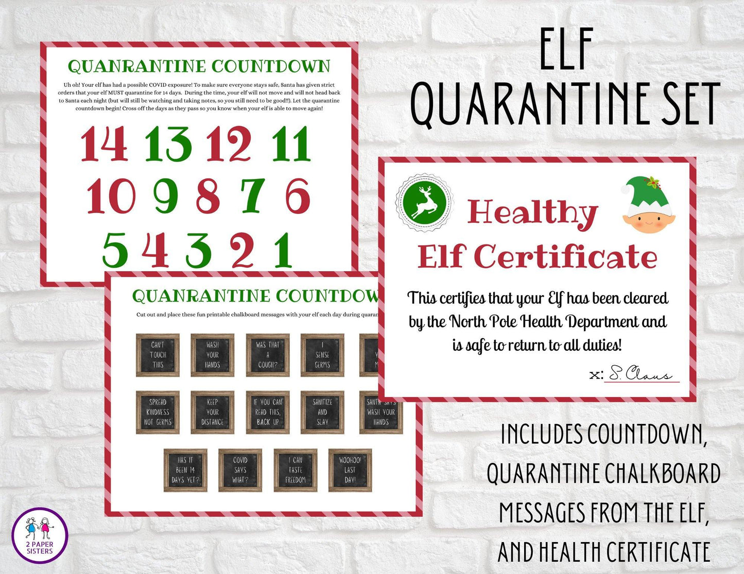PRINTABLE Elf on the Shelf quarantine kit, covid, coronavirus, elf health report, quarantine countdown, INSTANT DOWNLOAD - 2 Paper Sisters